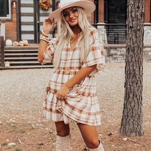 Impressions Boho In Soho Plaid Shift Dress in Camel Curves